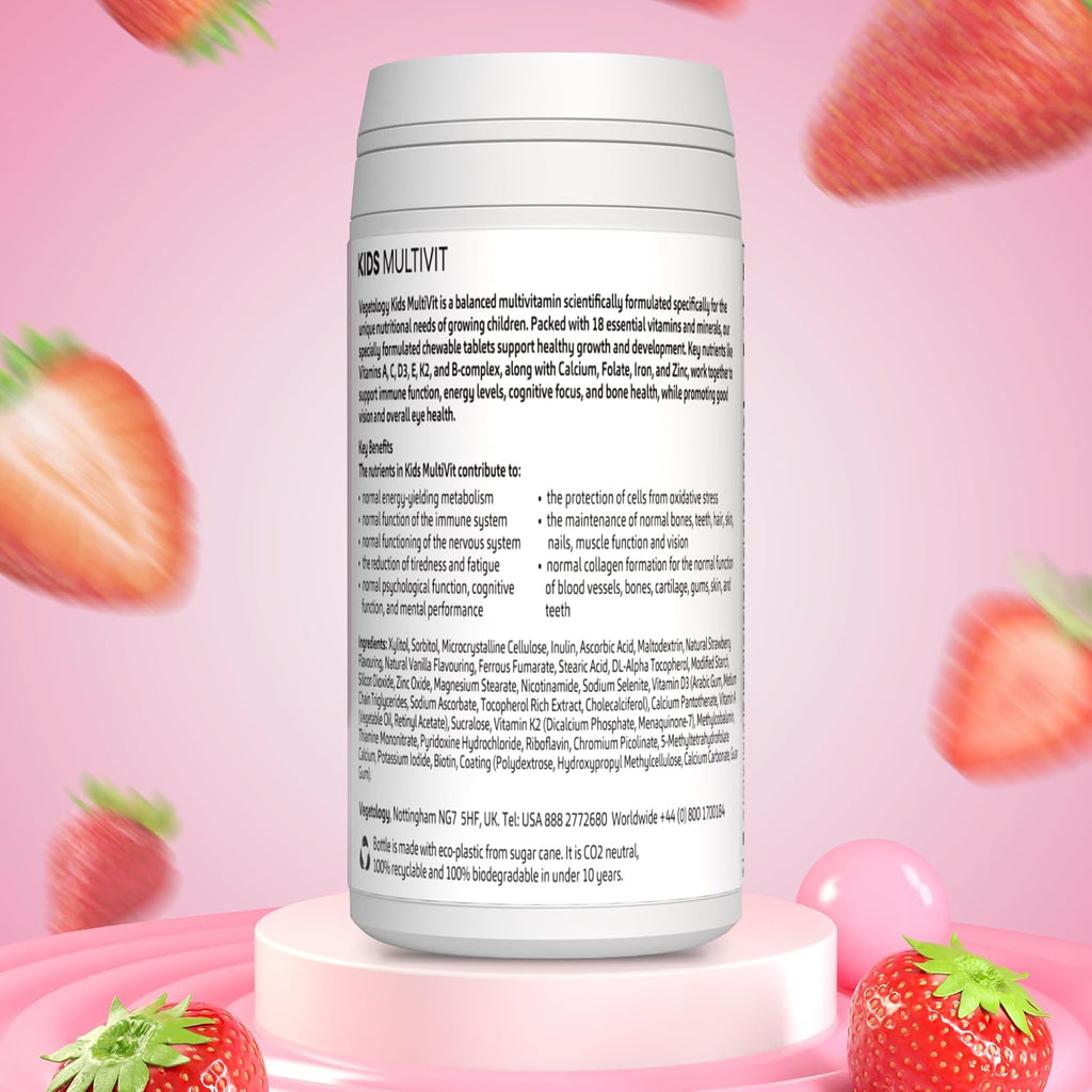 VEGETOLOGY Kids MultiVitamin - Multivitamínico infantil vegano masticable, 60 comprimidos sabor fresa