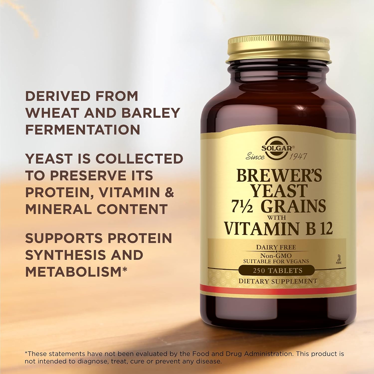 Solgar Brewer's Yeast 7½ Grains with Vitamin B12 - 250 Tablets, 2-Pack - Non-GMO, Vegan, Dairy-Free, Kosher - 82 Servings
