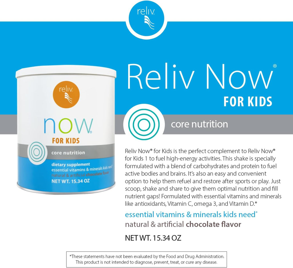 RELIV Now for Kids Chocolate - Batido Nutricional con Vitaminas y Minerales Esenciales, 15 Porciones