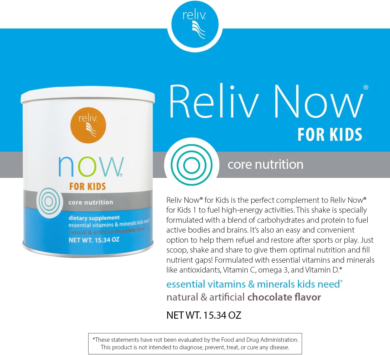 RELIV Now for Kids Chocolate - Batido Nutricional con Vitaminas y Minerales Esenciales, 15 Porciones