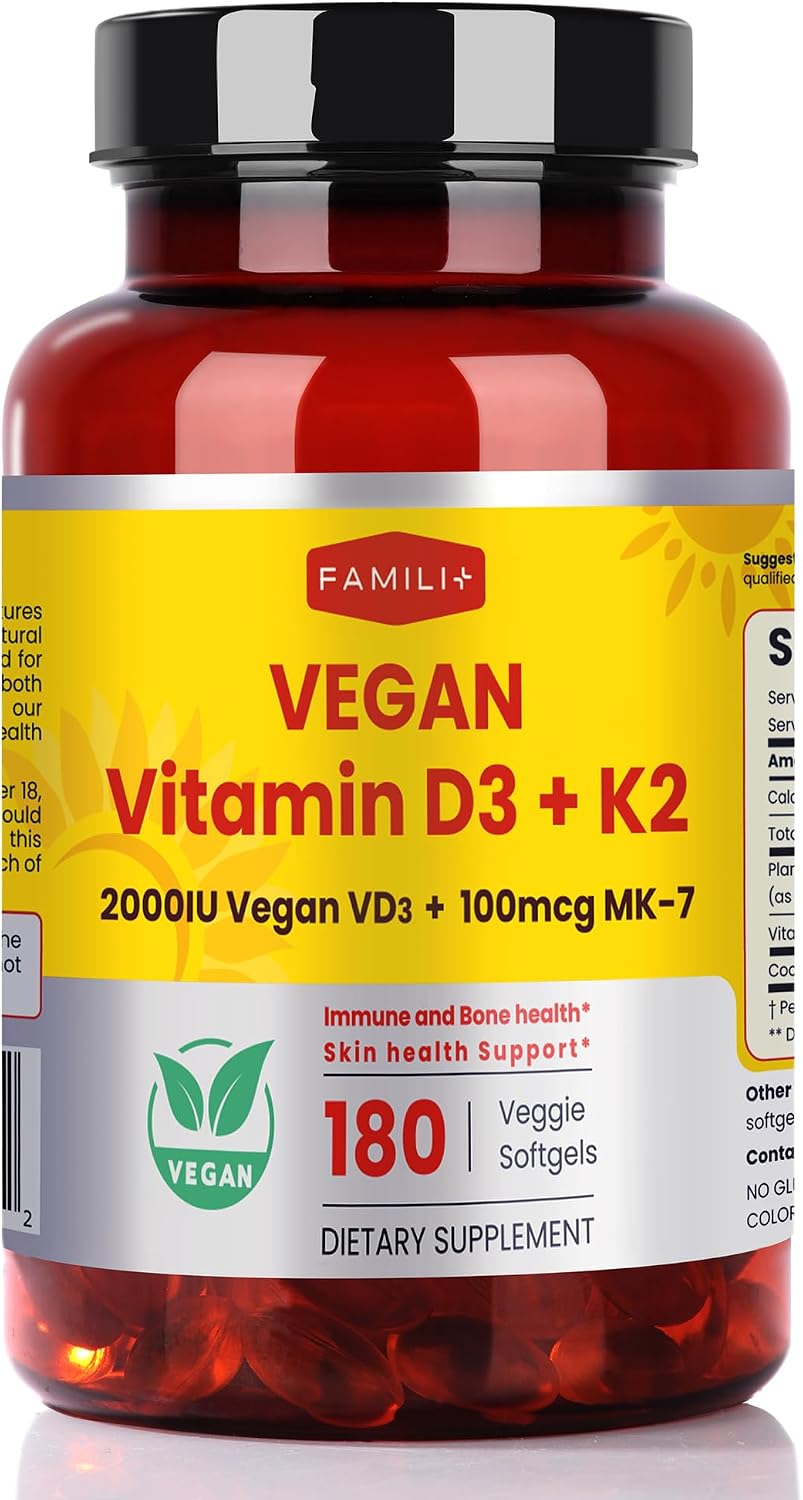 FAMILI+ Vitamina D3+K2 Vegano, 2000 UI D3 + 100 mcg K2 MK-7, 180 Cápsulas Blandas Vegetales
