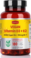 FAMILI+ Vitamina D3+K2 Vegano, 2000 UI D3 + 100 mcg K2 MK-7, 180 Cápsulas Blandas Vegetales