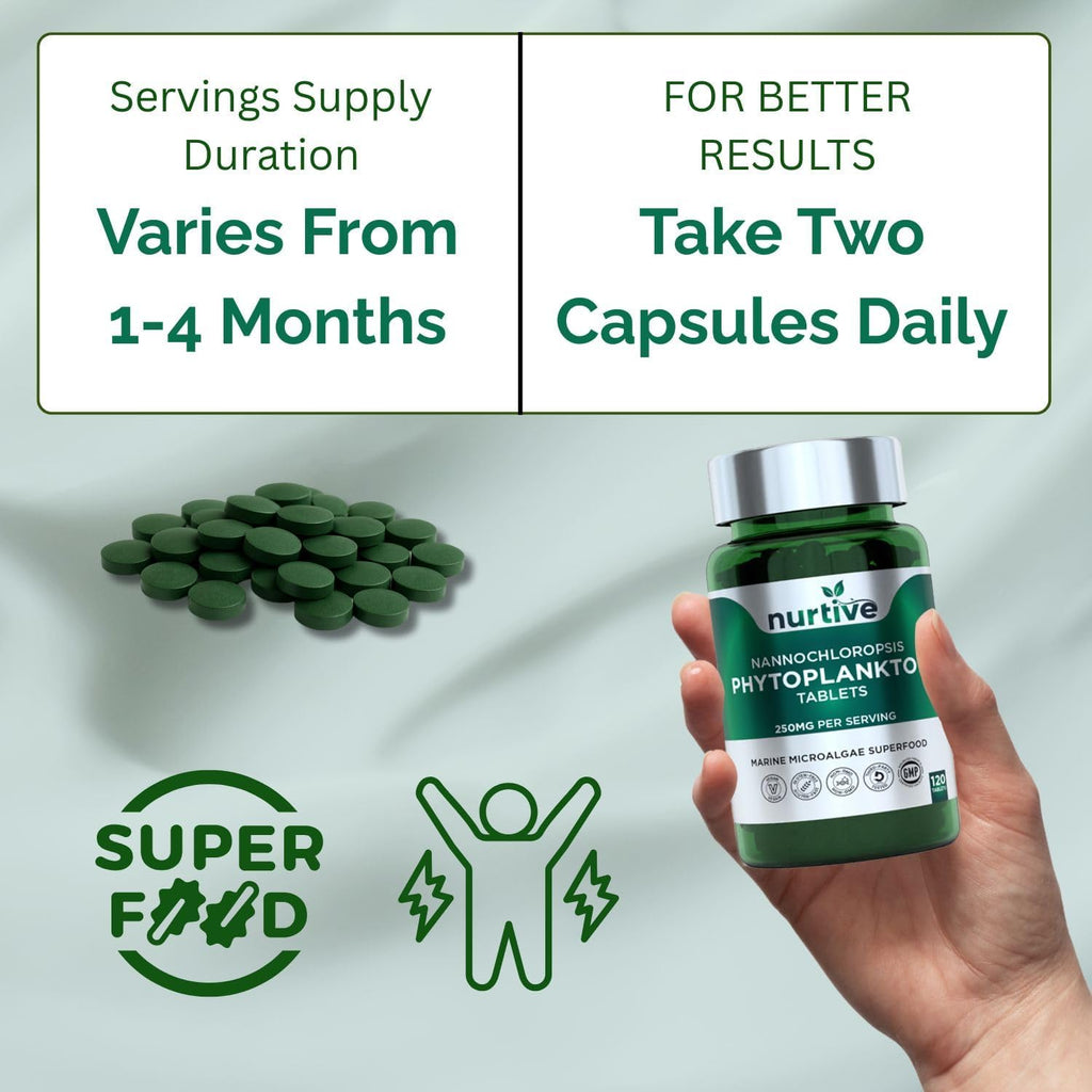 NURTIVE Nannochloropsis Phytoplankton Tabletas – 250mg por Tableta – Vegano, Sin Gluten, No Transgénico, Sin Rellenos – 120 Tabletas
