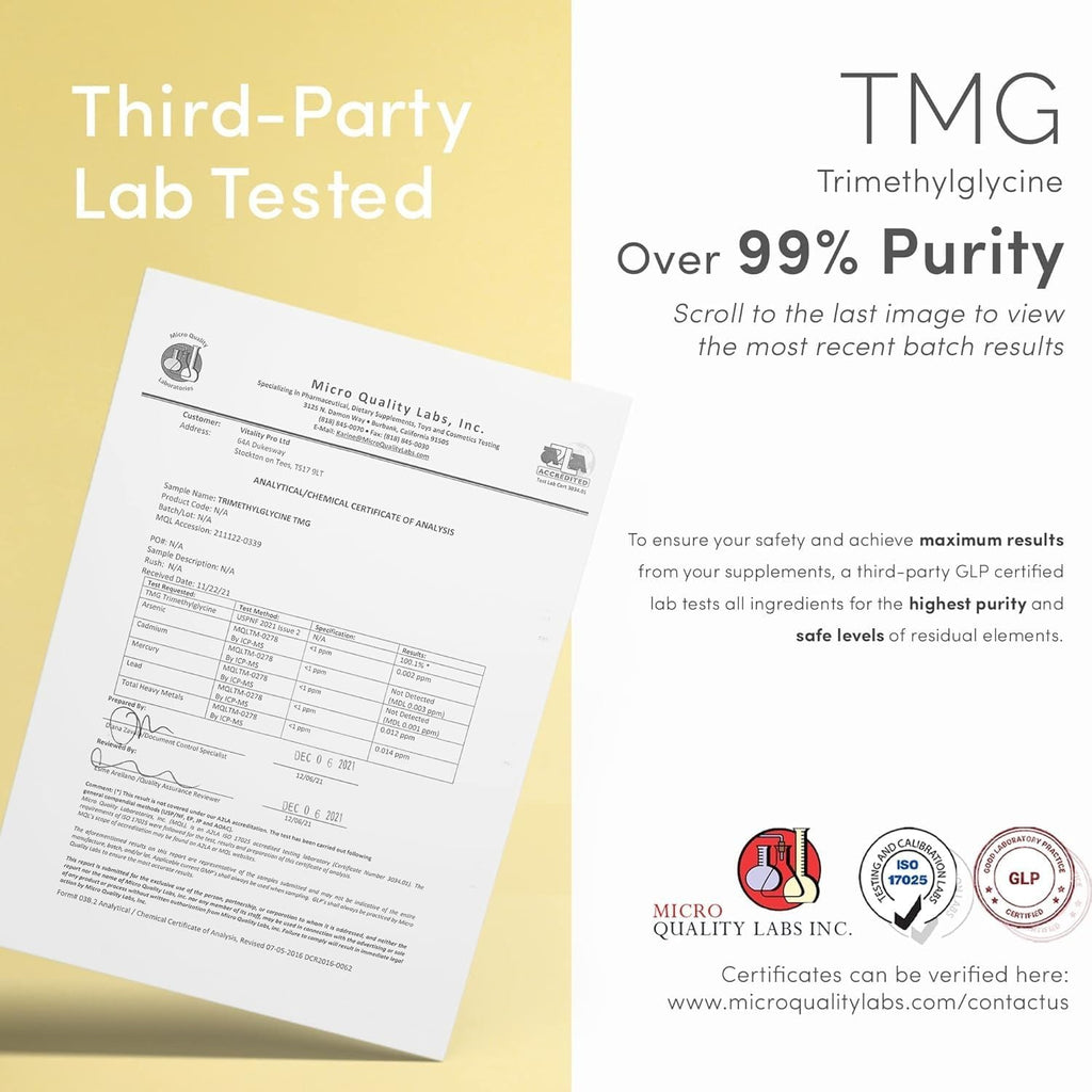 Vitality Pro TMG 500mg x 120 Cápsulas - Suplemento de Trimetilglicina de Alta Pureza