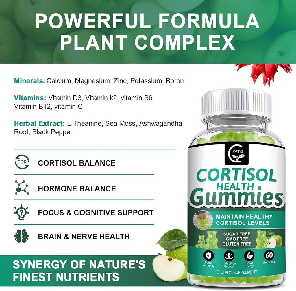 GORNVB Cortisol Gummies - Suplemento de Cortisol para Mujeres con Magnesio, Ashwagandha, Rhodiola, Fosfatidilserina, L-Teanina, Pimienta Negra, Vitamina C y B6 - Relajación, Enfoque, Sueño - Pack de 2