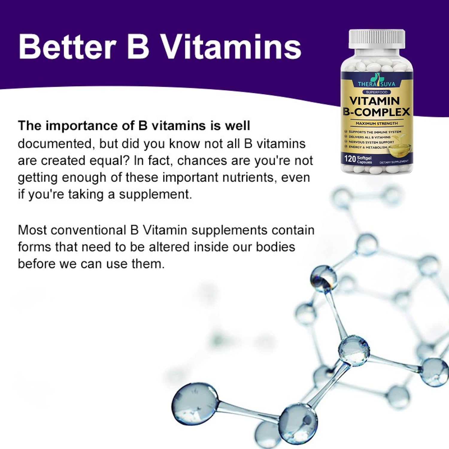 TheraSuva Complejo B + CoQ10 + Vitamina C - Suplemento de Máxima Potencia para Energía y Apoyo al Metabolismo, 2 Meses de Suministro, 120 Cápsulas Blandas