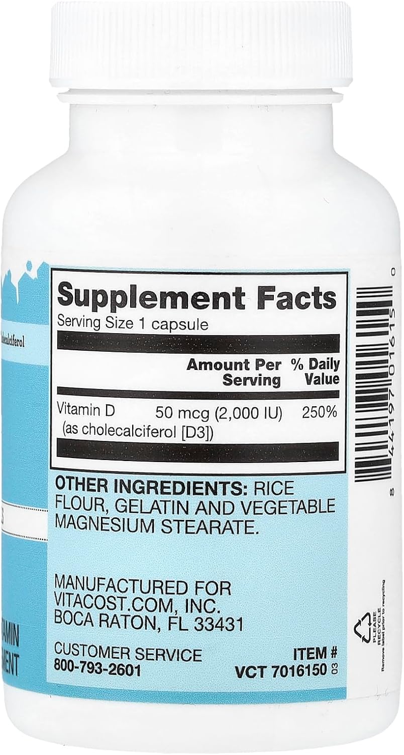 Vitacost Vitamina D3, 50 mcg (2.000 UI), 200 cápsulas