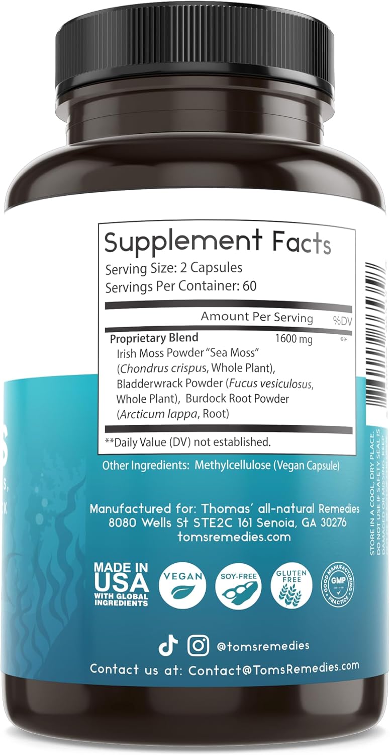 Thomas' all-natural Remedies Cápsulas de Musgo Marino Irlandés con Fucus y Bardana Orgánico, 120 Cápsulas