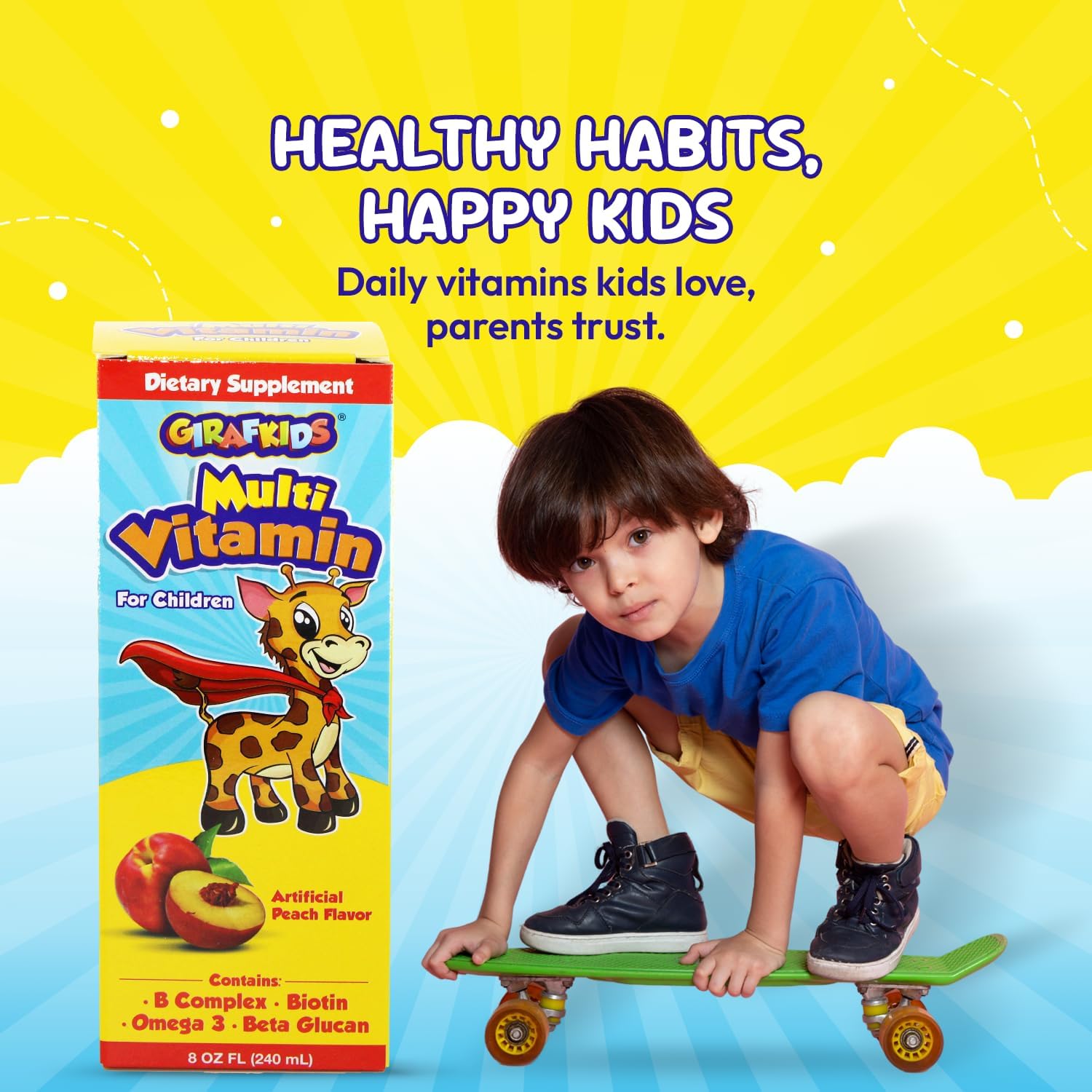 GirafKids Multivitamínico Líquido para Niños (237 ml) - con Biotina, Vitamina A, Complejo B, Ácido Fólico, Omega-3 y Beta Glucano