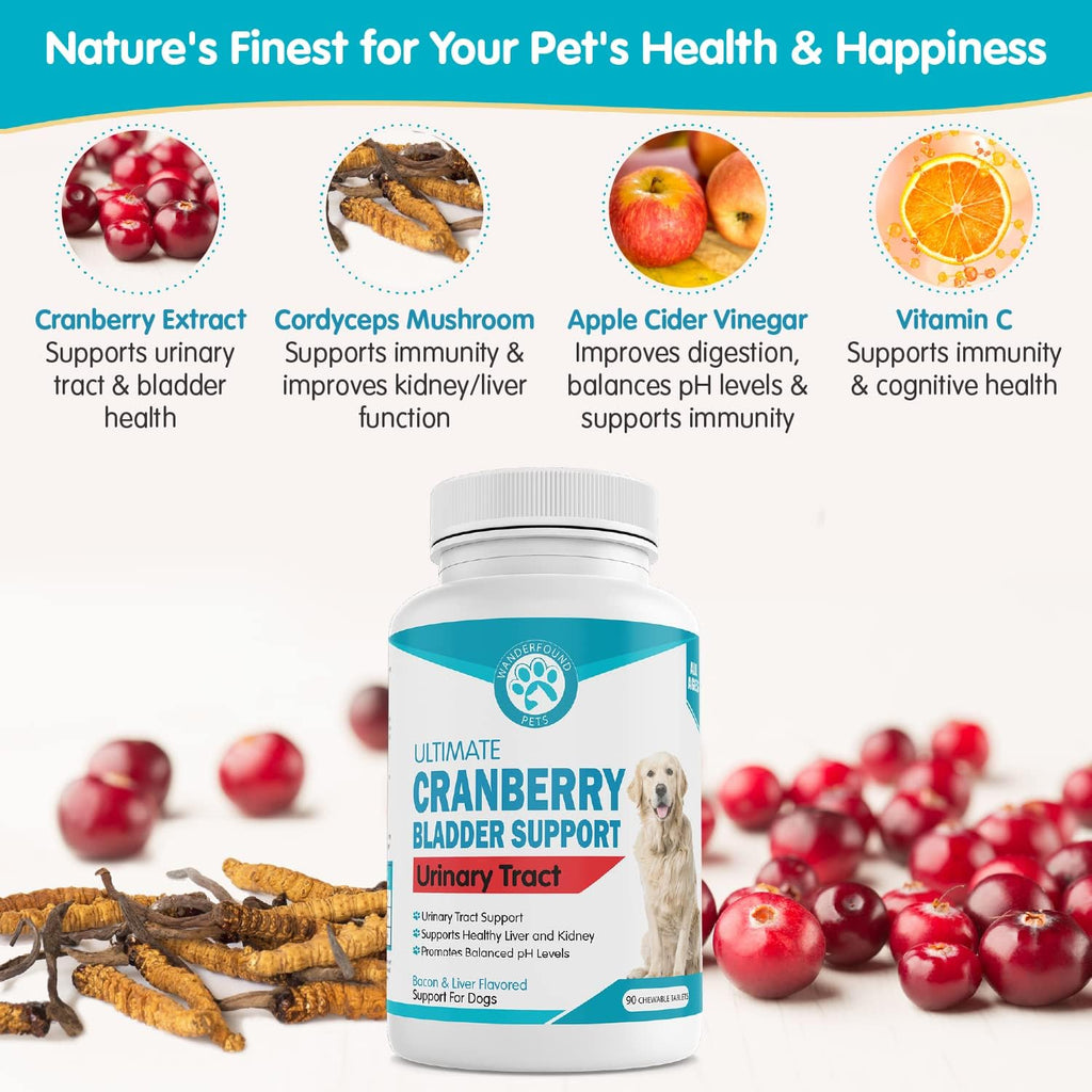 Wanderfound Pets Ultimate Cranberry – Apoyo para la vejiga e infecciones urinarias en perros – 90 comprimidos masticables sabor bacon e hígado