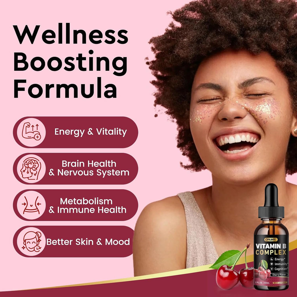 CFILIHTC Complejo B en Gotas Líquidas, Suplemento de Vitaminas B con B1, B2, B3, B5, B6, B7, B9 y Metil B12, Vegano, Sabor Cereza