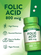 Nature's Truth Folic Acid 800 mcg | 250 Tablets | Vegan, Gluten Free