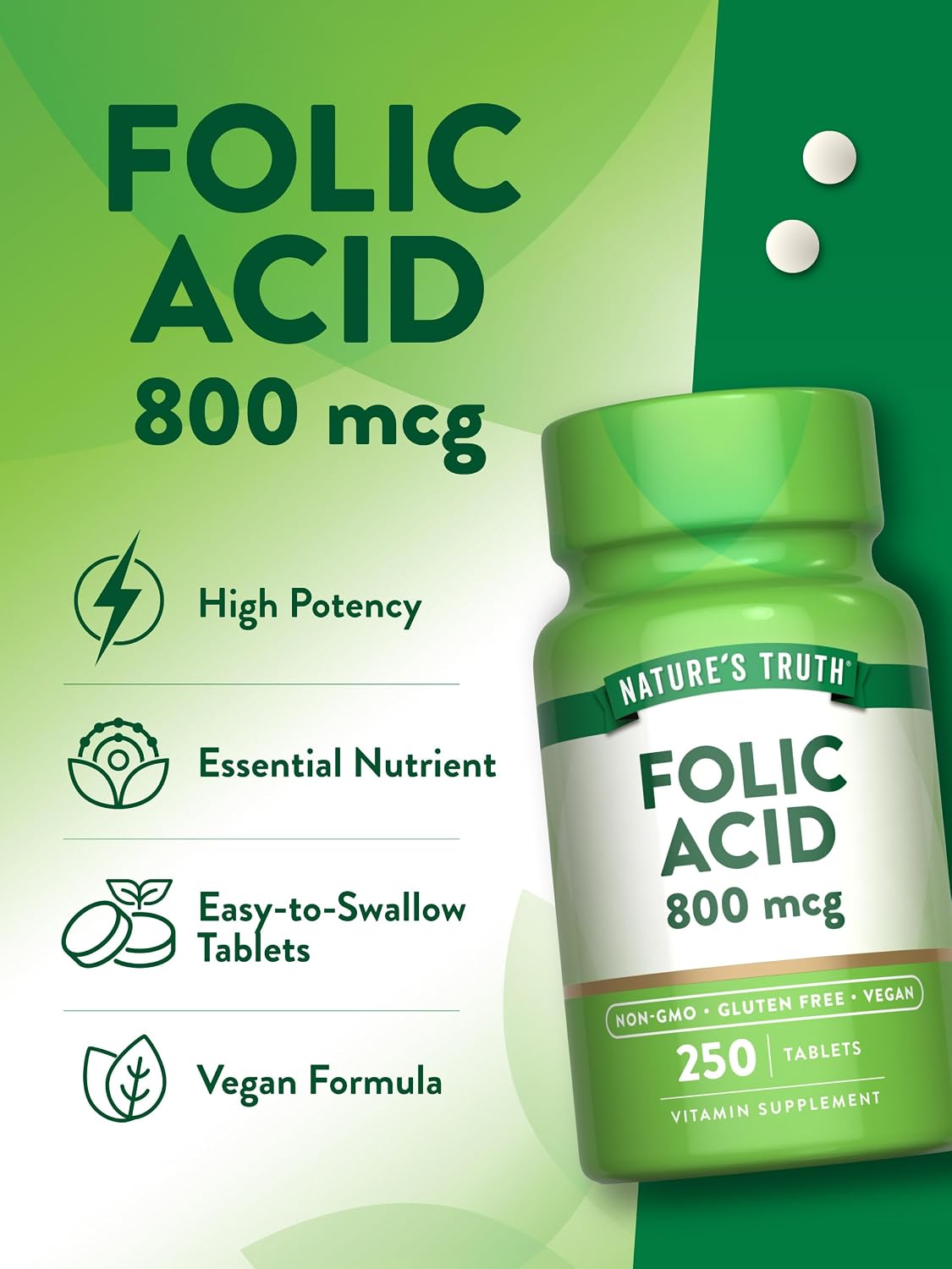 Nature's Truth Folic Acid 800 mcg | 250 Tablets | Vegan, Gluten Free