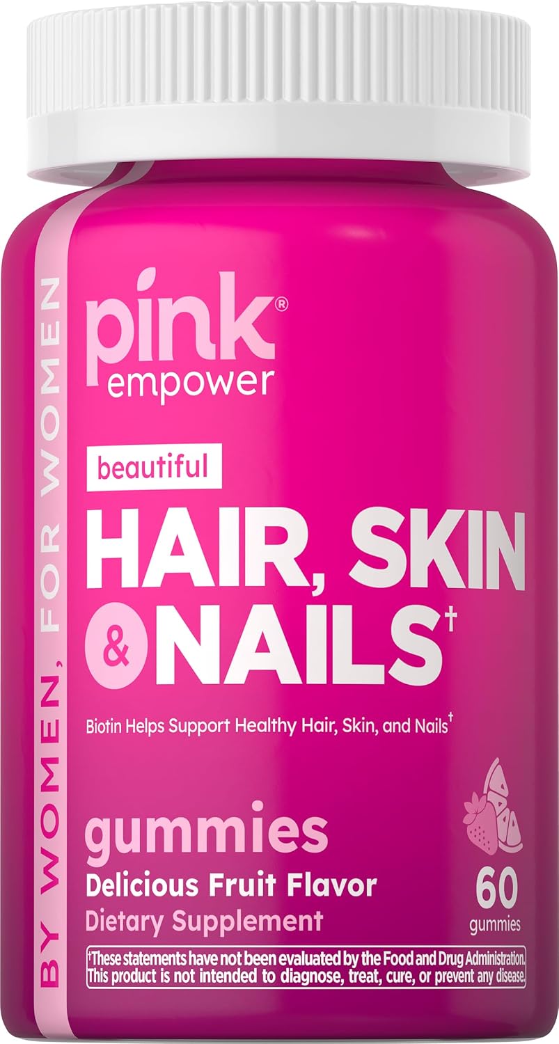 PINK Hair Skin Nails Gummies con 2.500 mcg de Biotina, 60 Gominolas