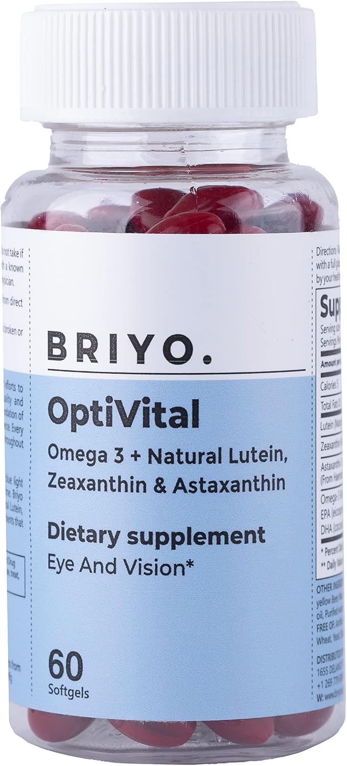 Briyo OptiVital – Complemento para la salud visual con luteína, zeaxantina, astaxantina y omega-3, 60 cápsulas