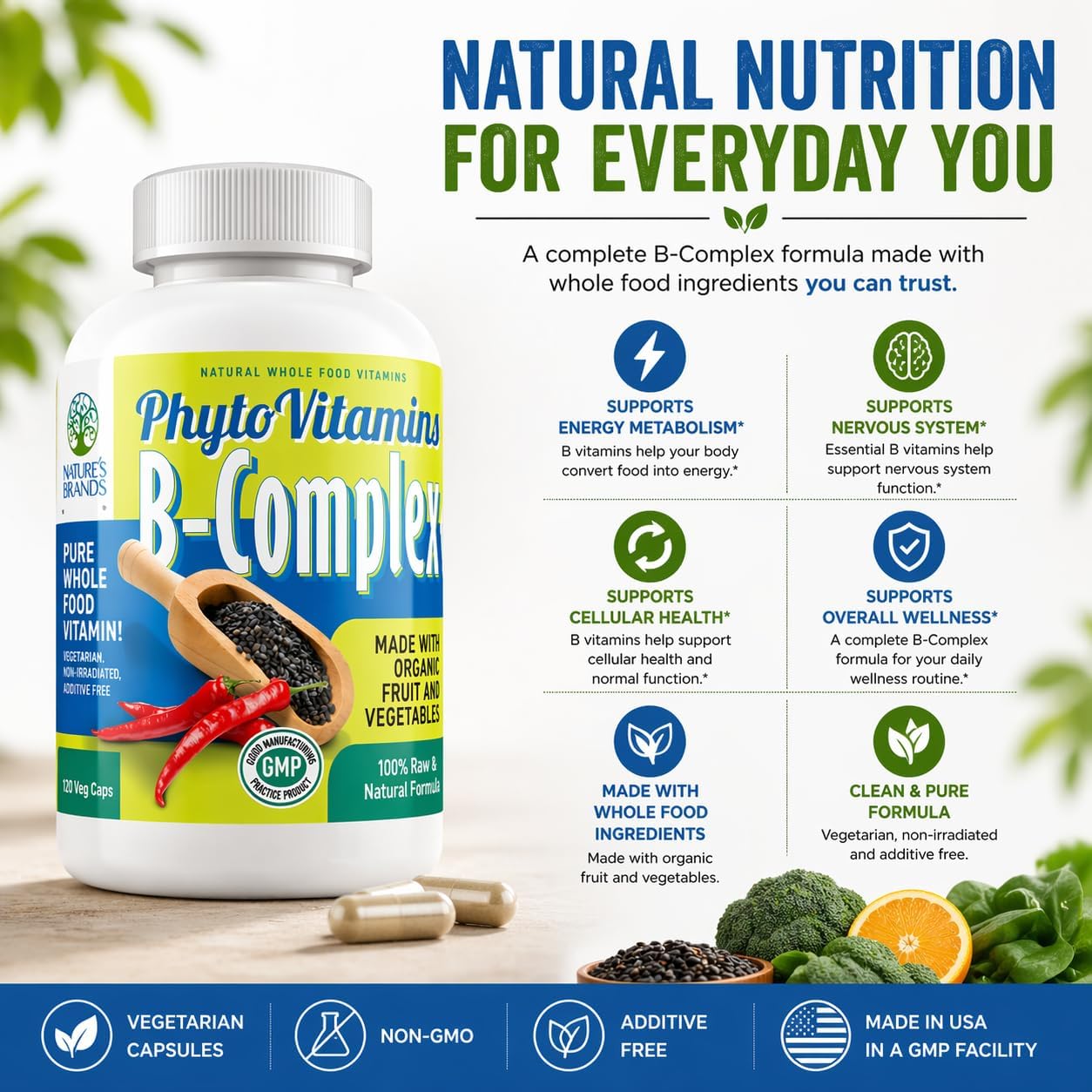 Nature's Brands Organic Whole Food Vitamin B-Complex by PhytoVitamins; 120-Count Vegetarian Capsules