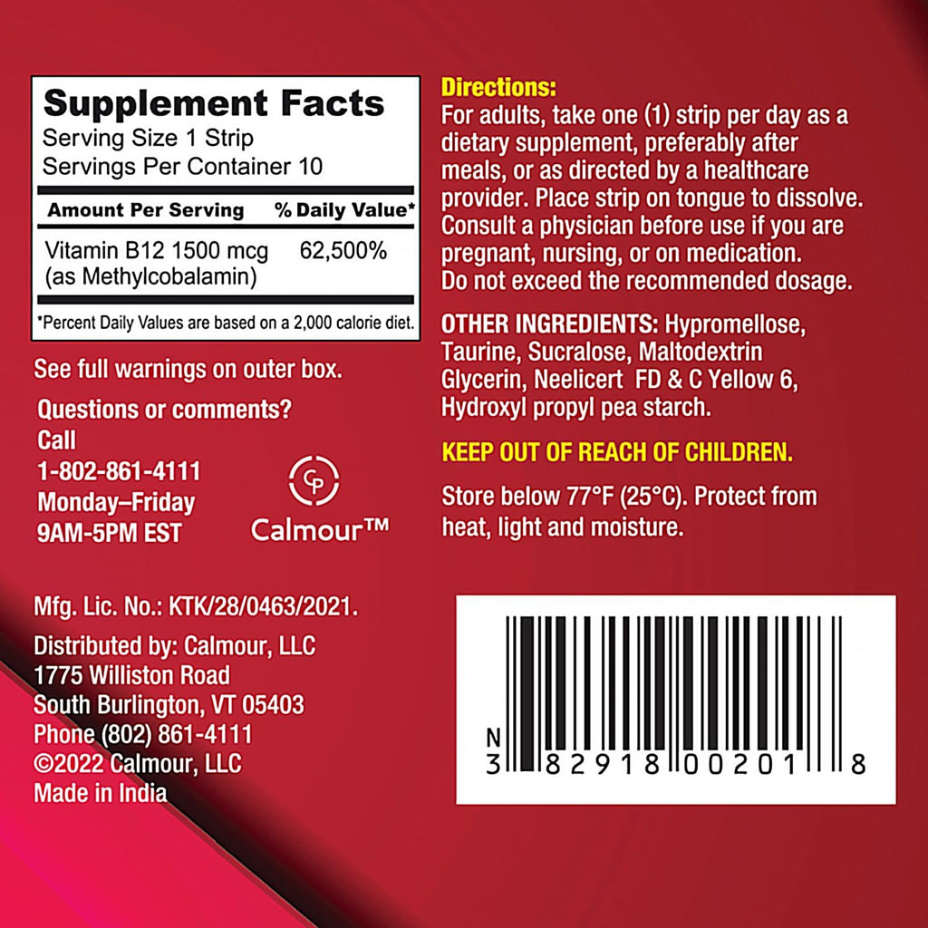 CALMOUR Vitamina B12 en Tiras 1500 mcg - Metilcobalamina - 10 unidades - Sabor Menta - Vegano y Sin Gluten