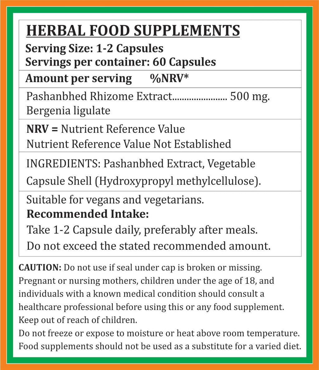 Pashanbhed Forte Cápsulas 500 mg - 60 Cápsulas Vegetales | Extracto de Bergenia Ligulata 10:1 | Suplemento Herbal Ayurvédico