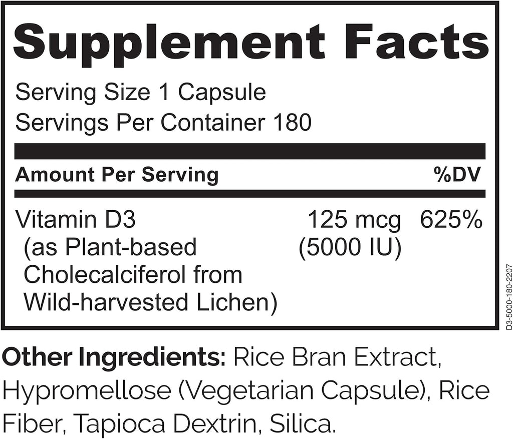 NATURELO Vitamina D3 5000 UI - De origen vegetal (liquen) - Suplemento vegano para el sistema inmunitario y la salud ósea - Alta potencia - No-GMO - Sin gluten - 180 cápsulas (Paquete de 2)