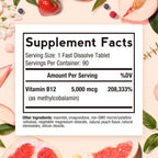 Doctor's Recipes Vitamina B12, Metilcobalamina 5000 mcg, 90 Comprimidos de Disolución Rápida, Sabor Natural a Melocotón, Vegano
