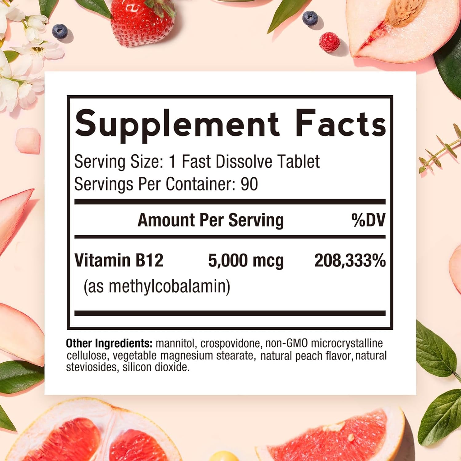 Doctor's Recipes Vitamina B12, Metilcobalamina 5000 mcg, 90 Comprimidos de Disolución Rápida, Sabor Natural a Melocotón, Vegano