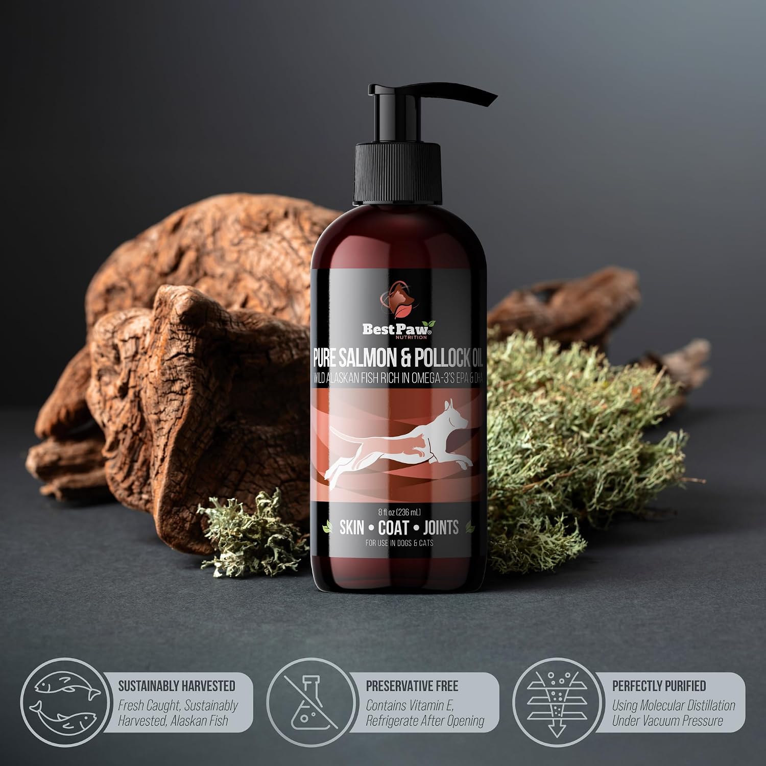 Alaskan Wild Salmon Oil for Dogs - Liquid Omega 3 with Pump - 236 ml