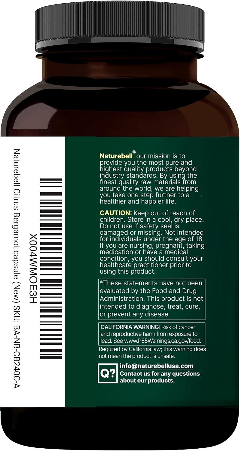 NatureBell Citrus Bergamot, 240 Cápsulas Vegetales – Extracto Real de Fruta con Flavanonas Polifenólicas – No Transgénico, Certificado cGMP
