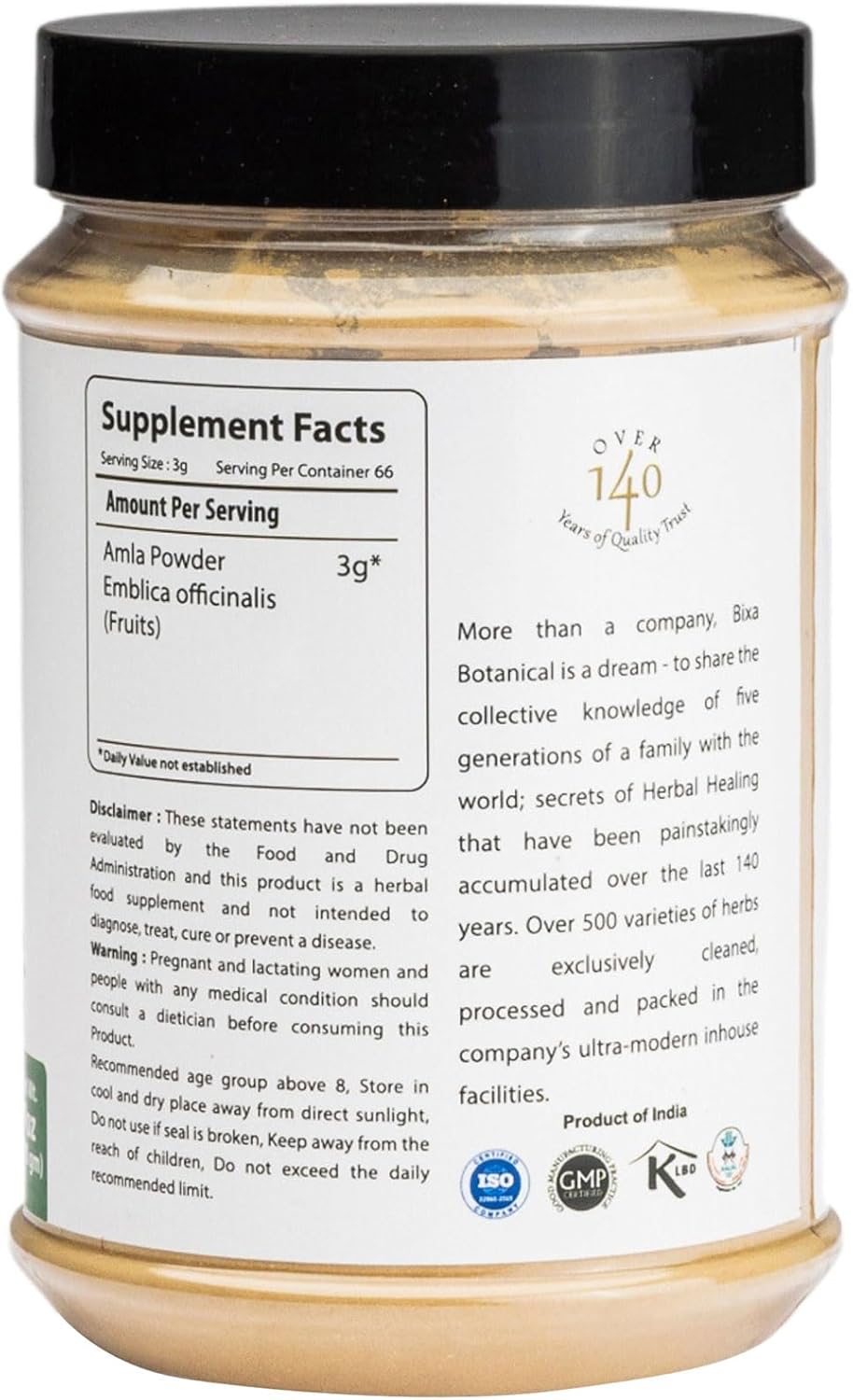 bixa BOTANICAL Amla (Amalaki) Powder - Indian Gooseberry - Rich in Natural Vitamin C - 200g