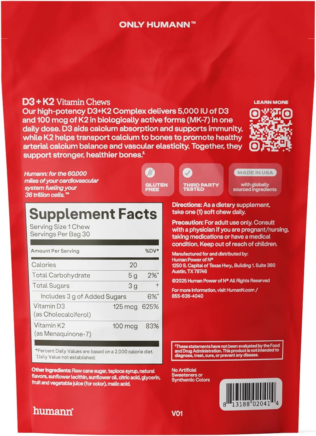 Humann Vitamina D3 + K2 Comprimidos Masticables - 5000 UI, Sabor Bayas, 30 unidades
