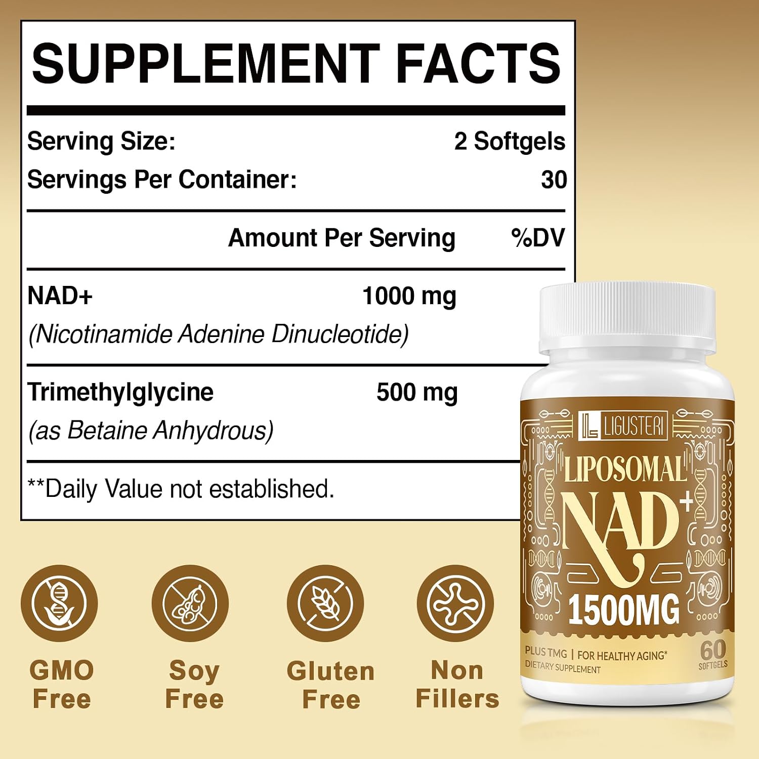 LIGUSTERI 1500 mg NAD+ Liposomal con TMG, 98%+ Absorción, Suplemento para Energía Celular y Longevidad, 60 Cápsulas Blandas