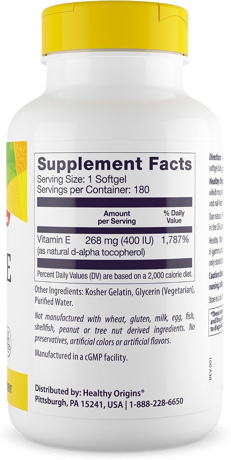Healthy Origins Vitamin E 400 IU (268 mg), 180 Softgels - Natural Mixed Tocopherols