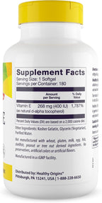 Healthy Origins Vitamin E 400 IU (268 mg), 180 Softgels - Natural Mixed Tocopherols
