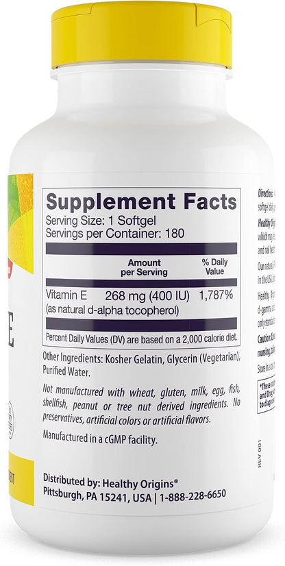Healthy Origins Vitamina E 400 UI (268 mg), 180 Cápsulas Blandas - Tocoferoles Mixtos Naturales – Image 3