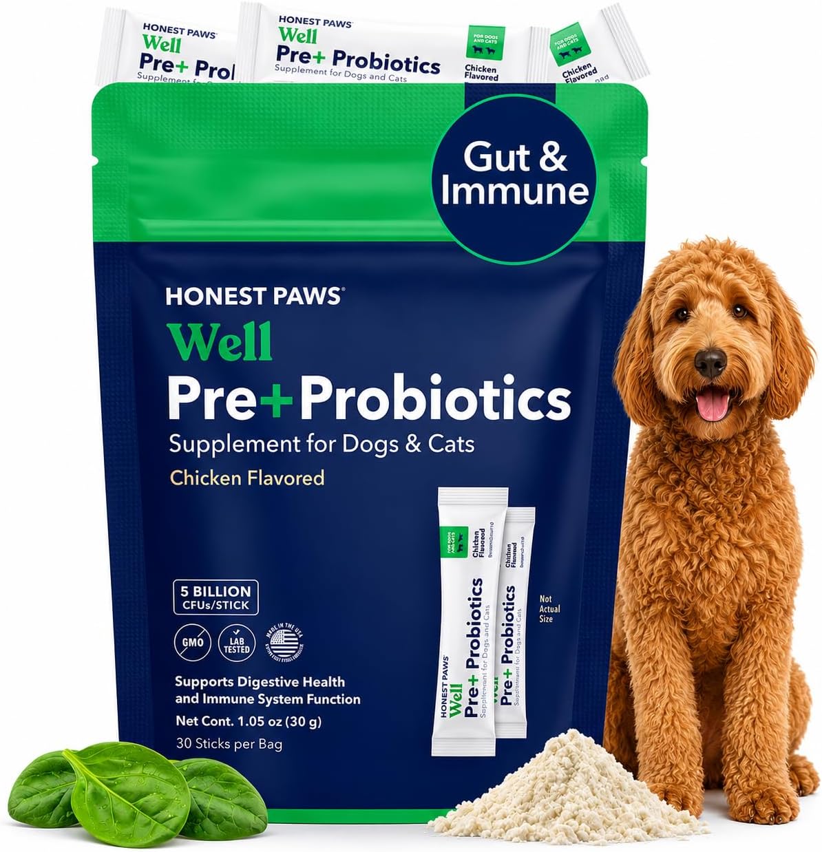 Honest Paws Probióticos para Perros - Polvo Digestivo con Prebióticos y Sabor a Calabaza (30 sticks)