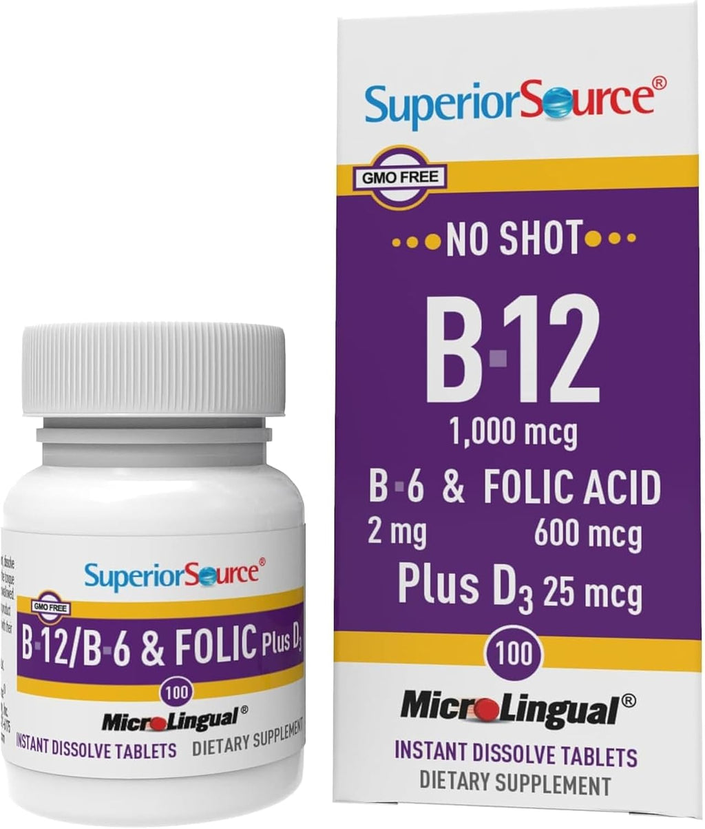 Superior Source No Shot Vitamina B12 Cianocobalamina 1000 mcg con B6, Ácido Fólico y Vitamina D3 1000 UI - 100 Comprimidos Sublinguales