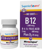 Superior Source No Shot Vitamina B12 Cianocobalamina 1000 mcg con B6, Ácido Fólico y Vitamina D3 1000 UI - 100 Comprimidos Sublinguales