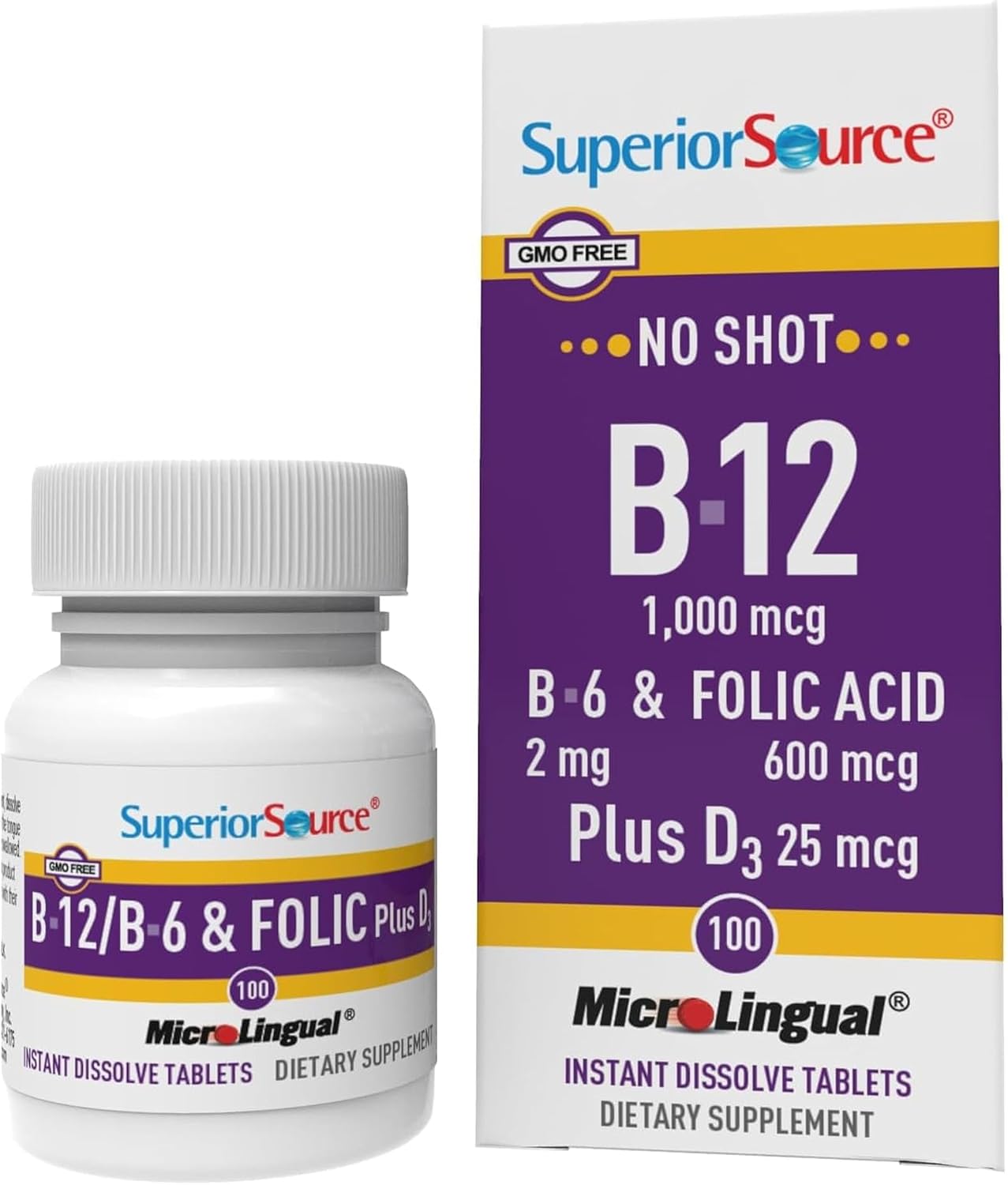 Superior Source No Shot Vitamina B12 Cianocobalamina 1000 mcg con B6, Ácido Fólico y Vitamina D3 1000 UI - 100 Comprimidos Sublinguales