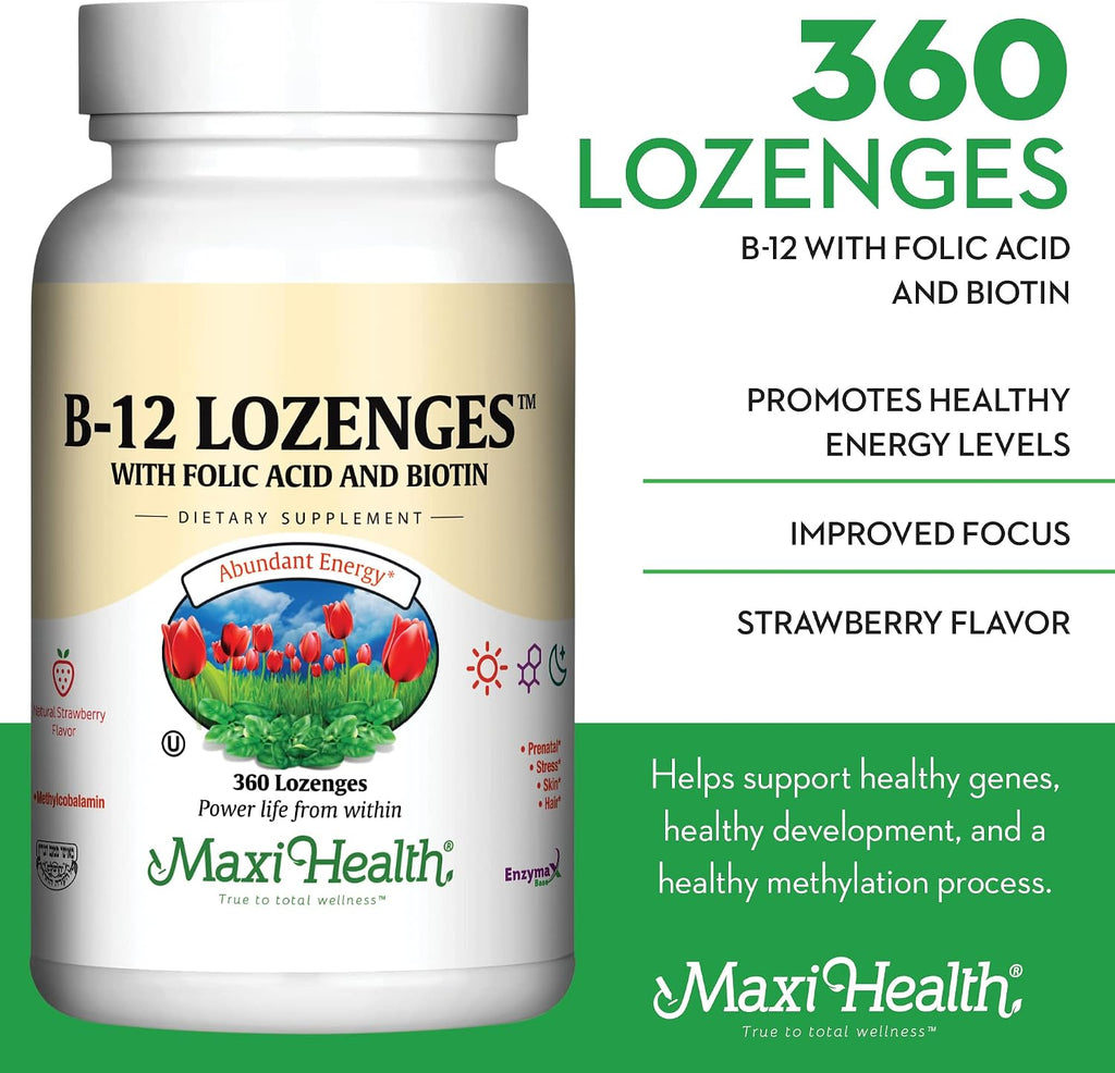 Maxi Health Vitamina B12 con Ácido Fólico y Biotina - 360 Comprimidos Sublinguales Sabor Fresa
