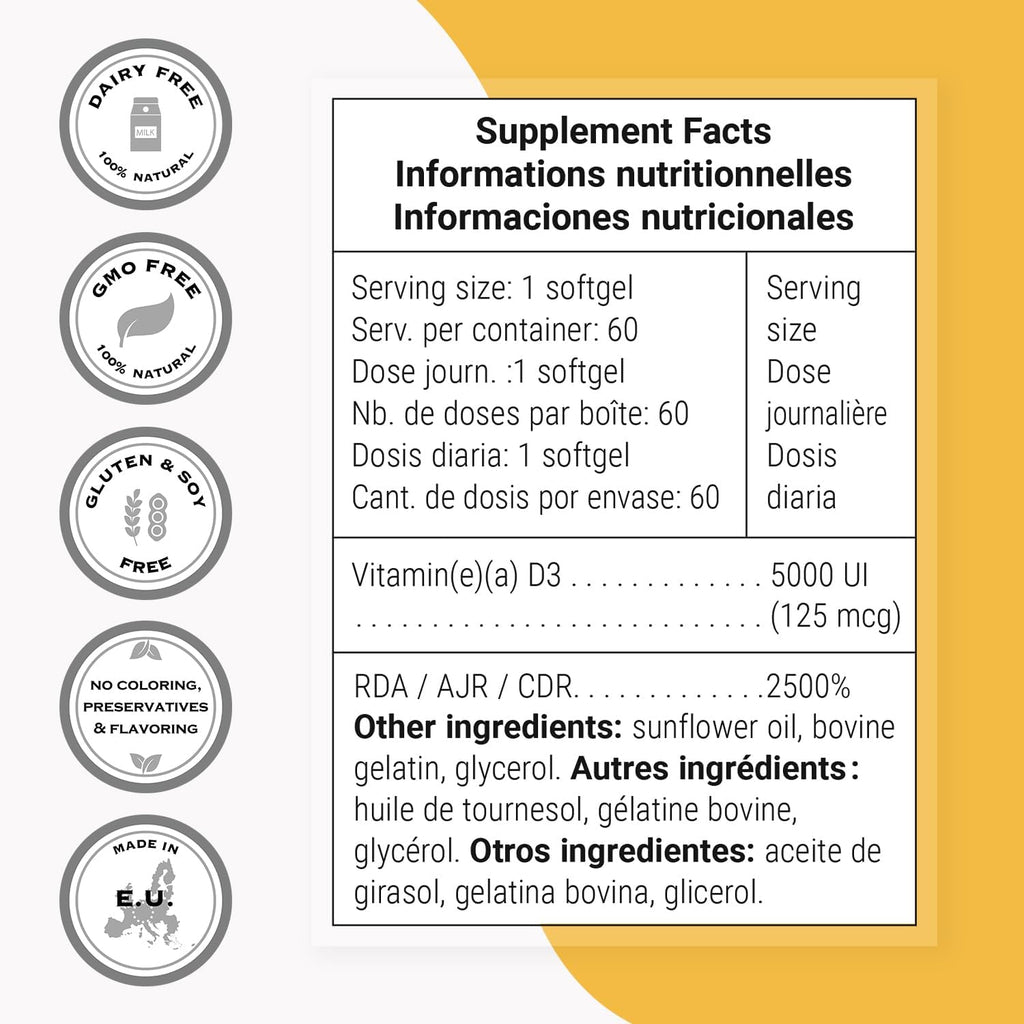 Supersmart - Vitamina D3 5000 UI (125mcg) - High Potency and Bioavailability - with Sunflower Oil | Non-GMO and Gluten-Free - 60 Softgels