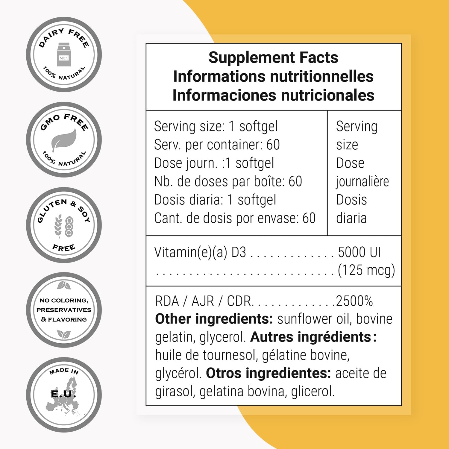 Supersmart - Vitamina D3 5000 UI (125mcg) - High Potency and Bioavailability - with Sunflower Oil | Non-GMO and Gluten-Free - 60 Softgels