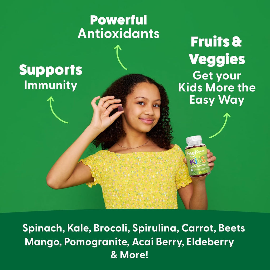 Feel Great Super Green Gummies para Niños | Gominolas de Frutas y Verduras | Multivitamínico Vegano