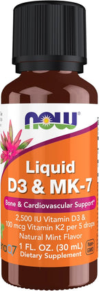NOW Foods Vitamina D3 y K2 Líquido - 2500 UI D3 + 100 mcg K2 por 5 gotas - 30 ml