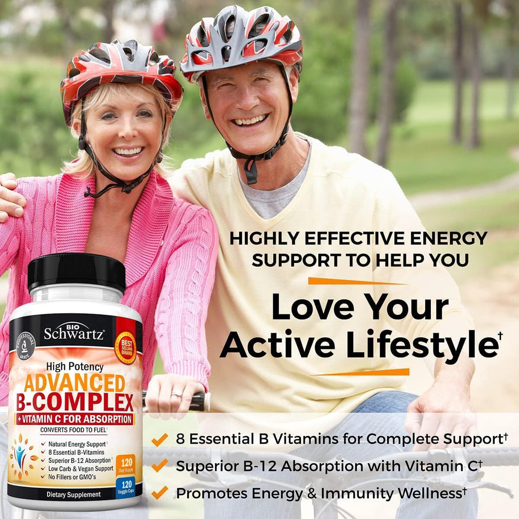 Complejo B con Vitamina C para Máxima Absorción – Metilcobalamina B12 y Folato – B1 B2 B3 B5 B6 B7 B9 – Apoyo Energético e Inmunológico – Sin OGM, 120 Cápsulas