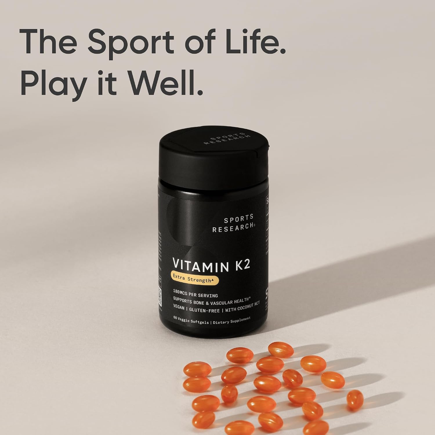 Sports Research Extra Strength Vitamina K2 MK-7 180mcg con Aceite MCT de Coco - 60 Cápsulas Blandas Veganas
