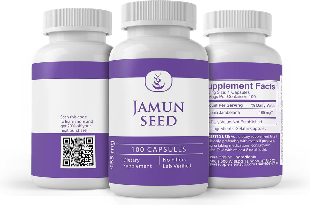 PURE ORIGINAL INGREDIENTS Cápsulas de Semilla de Jamun (100 Cápsulas) Siempre Puras, Sin Aditivos ni Rellenos, Verificado en Laboratorio