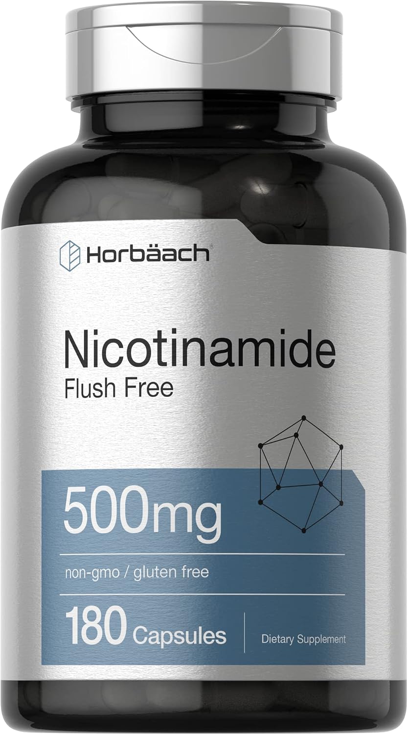 Horbäach Nicotinamida 500mg | 180 Cápsulas | Suplemento Sin Enrojecimiento | No-GMO y Sin Gluten