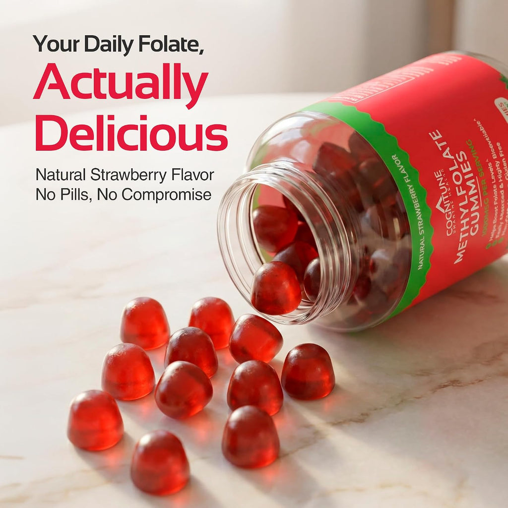 CogniTune Methylfolate Gummies para Niños y Adultos - L-Metilfolato 1000 mcg - Complemento de Folato Activo 5-MTHF - Apoyo MTHFR - Gomitas de Fresa - Sin OGM, Vegano - 60 Unidades