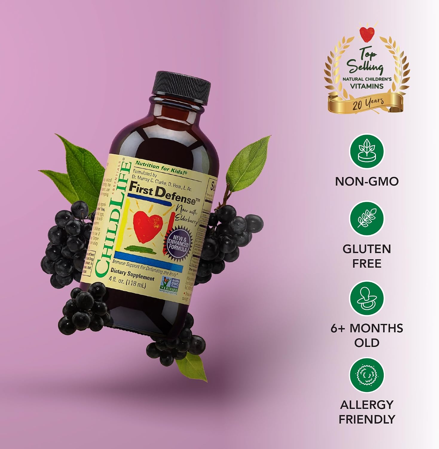 CHILDLIFE ESSENTIALS First Defense - Jarabe de Defensas para Niños, Bebés 6+ Meses, con Saúco y Zinc, 118 ml