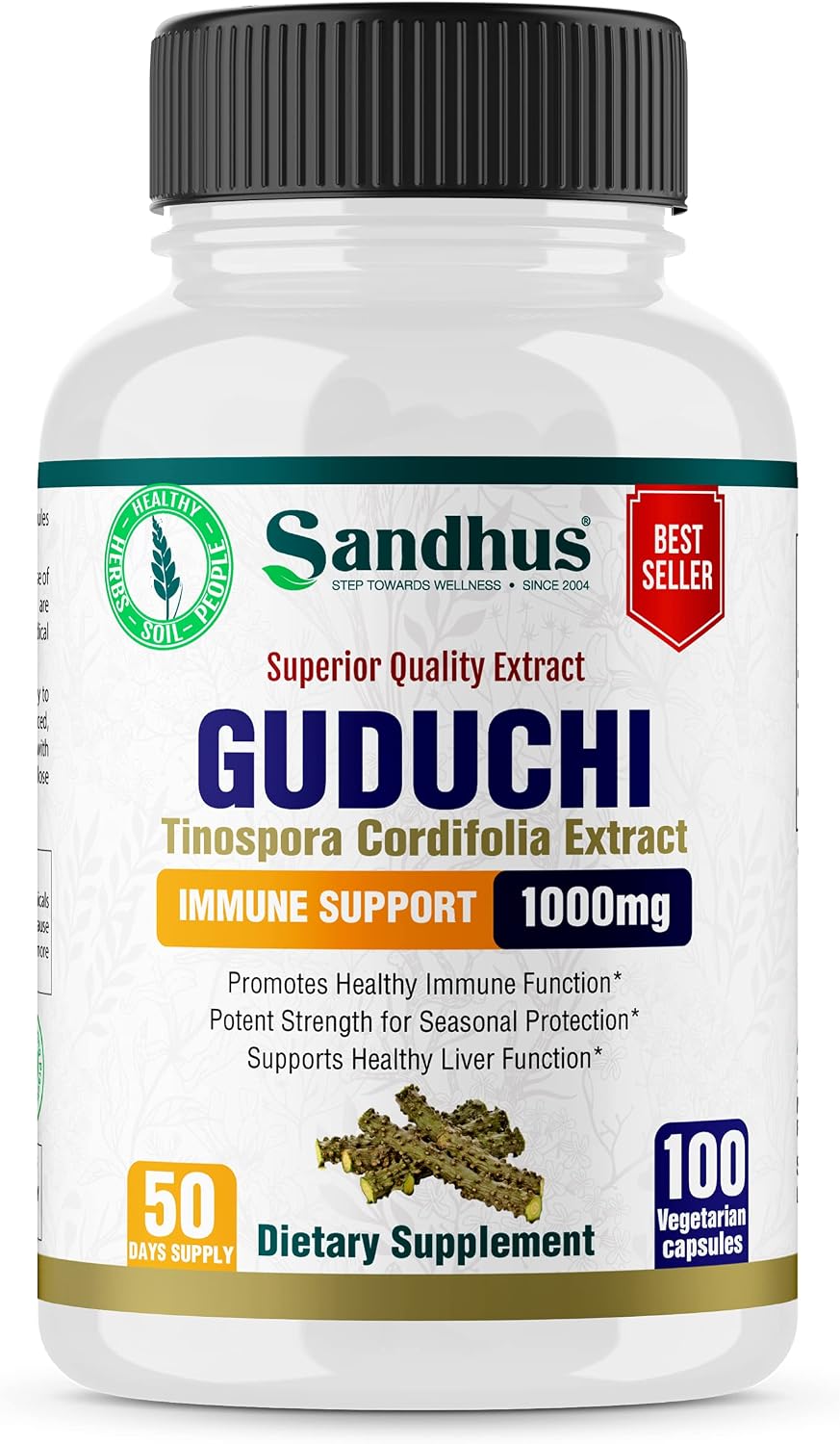Sandhu's Guduchi (Tinospora Cordifolia) Giloy - 100 Cápsulas Vegetales - 1000 mg por Ración