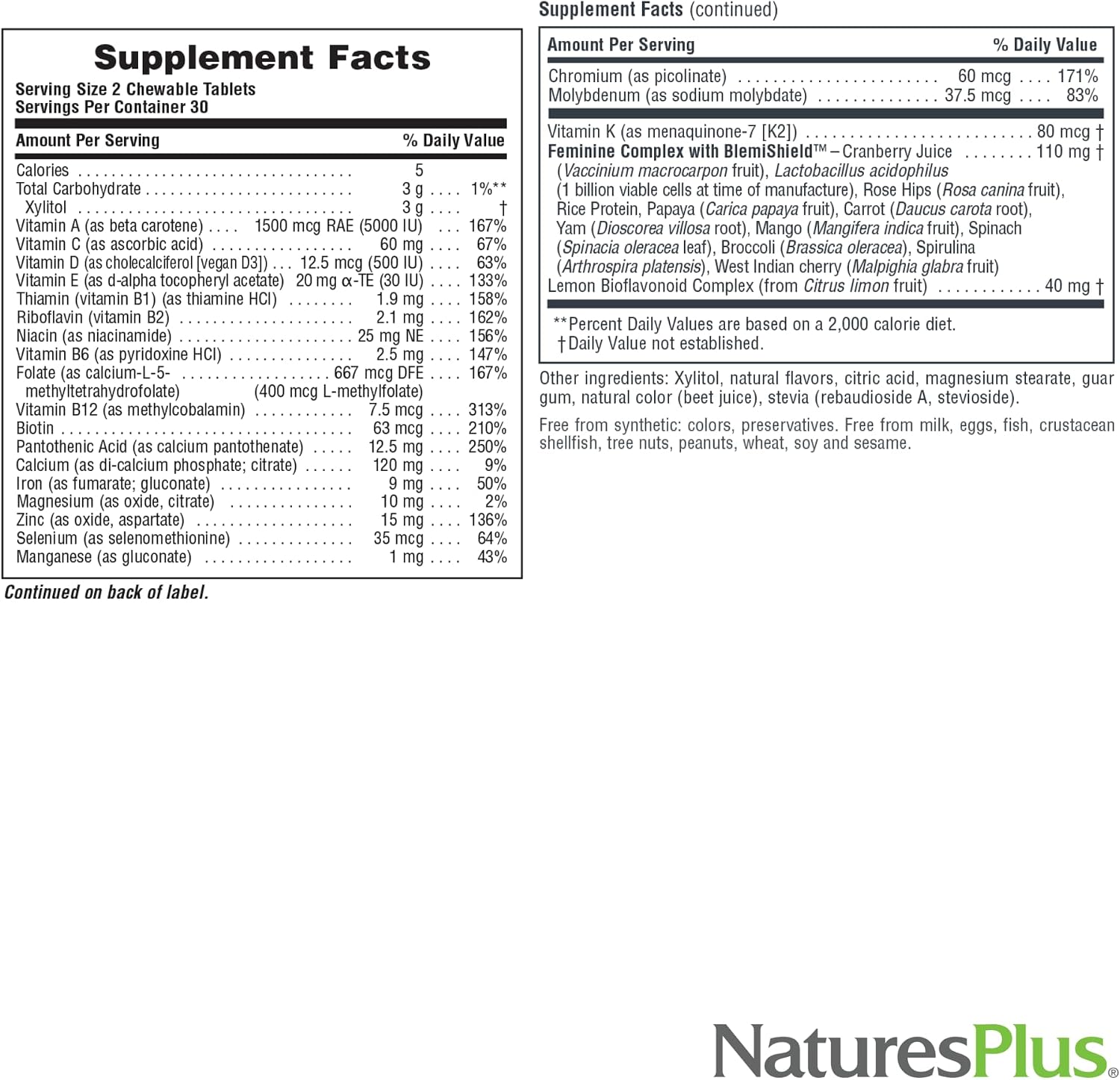 NaturesPlus Source of Life Power Teen for Her, Natural Berry - 60 Comprimidos Masticables - Multivitamínico de Alta Potencia - Sin Azúcar, Vegano - 30 Dosis